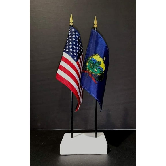 Made In USA. 1 American And 1 US State Miniature Rayon 4"X6" Office Desk & Little Hand Waving Table Flags, Includes A 2-Hole White Flag Stand And 2 Small 4"X6" Mini Stick Flags (Vermont)