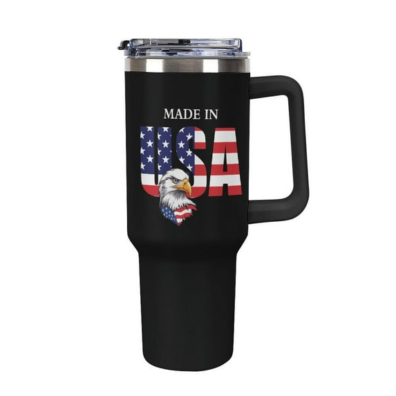 Made In USA American Flag Bald Eagle 40 oz Tumbler with Handle and Straw Stainless Steel Leakproof Travel Coffee Mug Car Cup Vacuum Water Bottle 40oz
