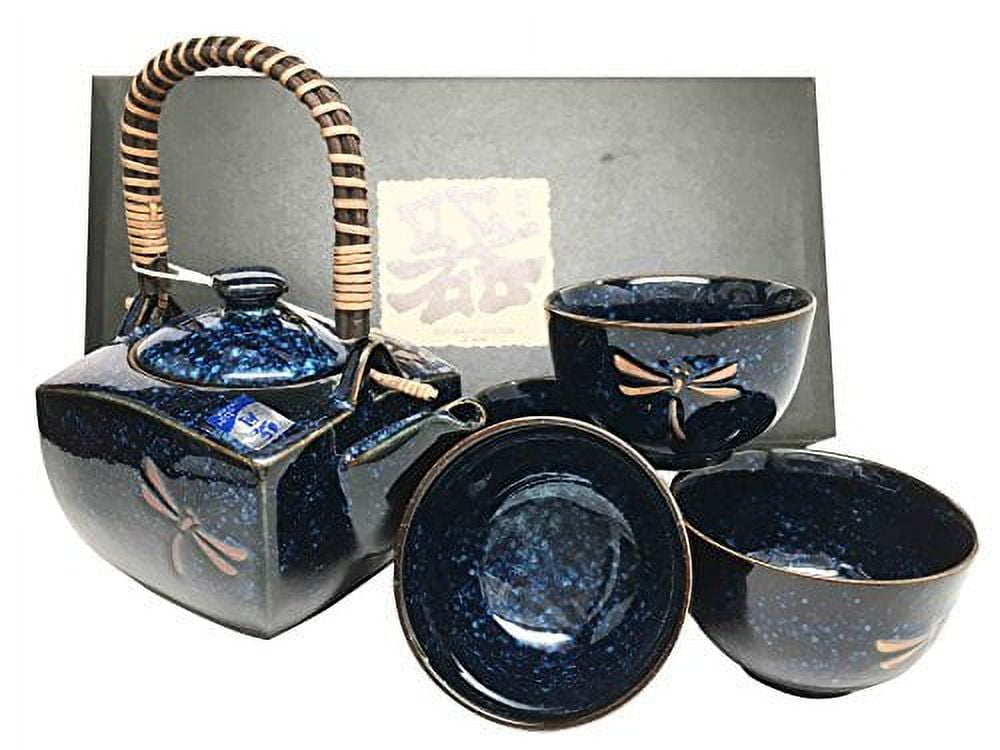 Made In Japan Tombo Dragonfly Blue Glazed Ceramic Tea Pot and Cups