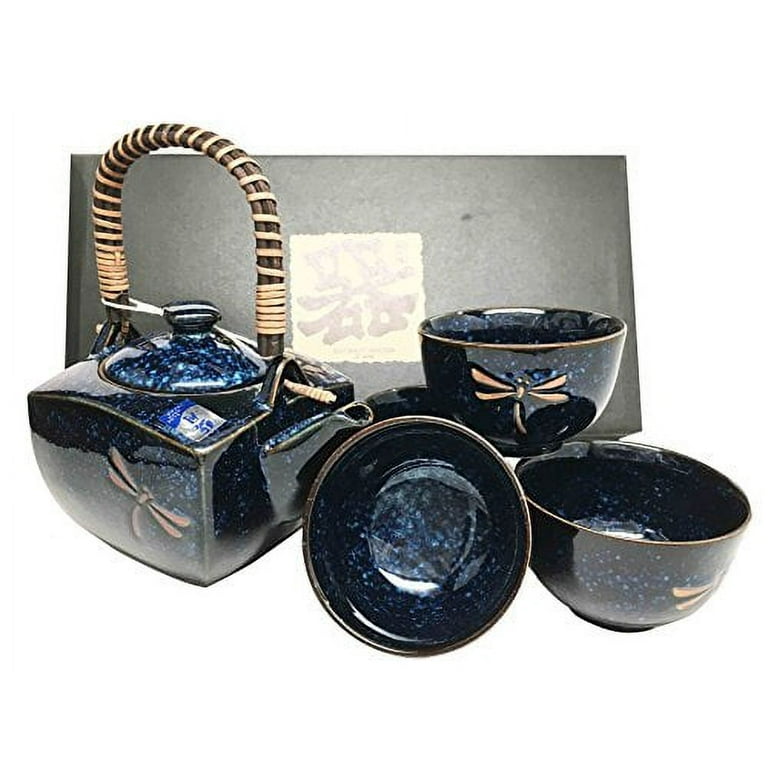 Made In Japan Tombo Dragonfly Blue Glazed Ceramic Tea Pot and Cups