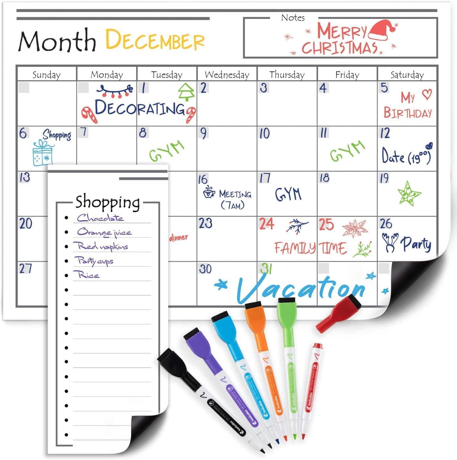 KEDUDES Made Magnetic Dry Erase Calendar & Magnetic Shopping List for Refrigerator with 6 Markers Kitchen Fridge Calendar White Board, Schedule Planner Wall Set