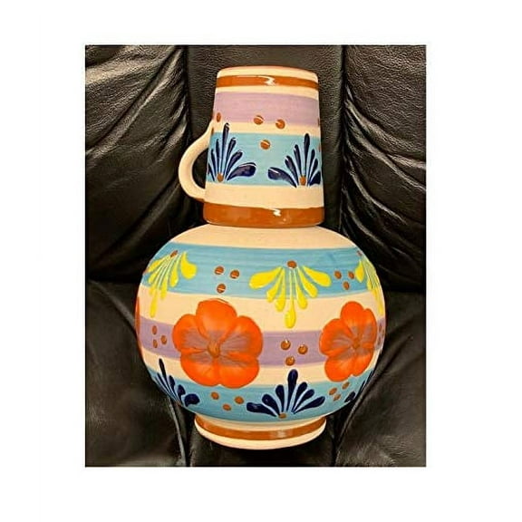 Made in Mexico Authentic Botellones/Cantarito Combo Water Carafe/Mug Cup Drinks Jar Jarra Mexicana Espiga de Barro for Hot or Cold Beverages Drinks Natural Clay Large 12x8.5" Hand Made Painted Large