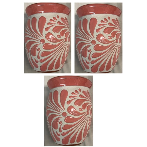 Made in Mexico Authentic Mexican Cantaritos Jarritos de Barro for Hot or Cold Beverages Drinks Natural Clay Mugs Cups, Set of 3 Hand Painted Large Size Pink