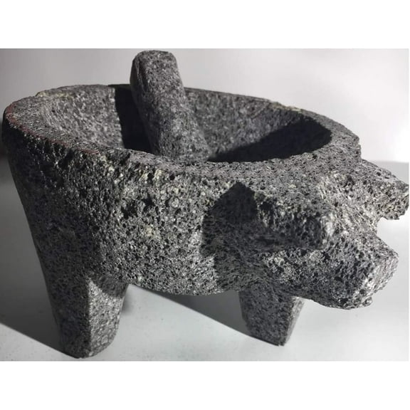 Made in Mexico Piggy Cerdo Puerco Genuine Mexican Manual Guacamole Salsa Maker Volcanic Lava Rock Stone Molcajete/Tejolote Mortar and Pestle Herbs Spices Grains 8" Large Pig