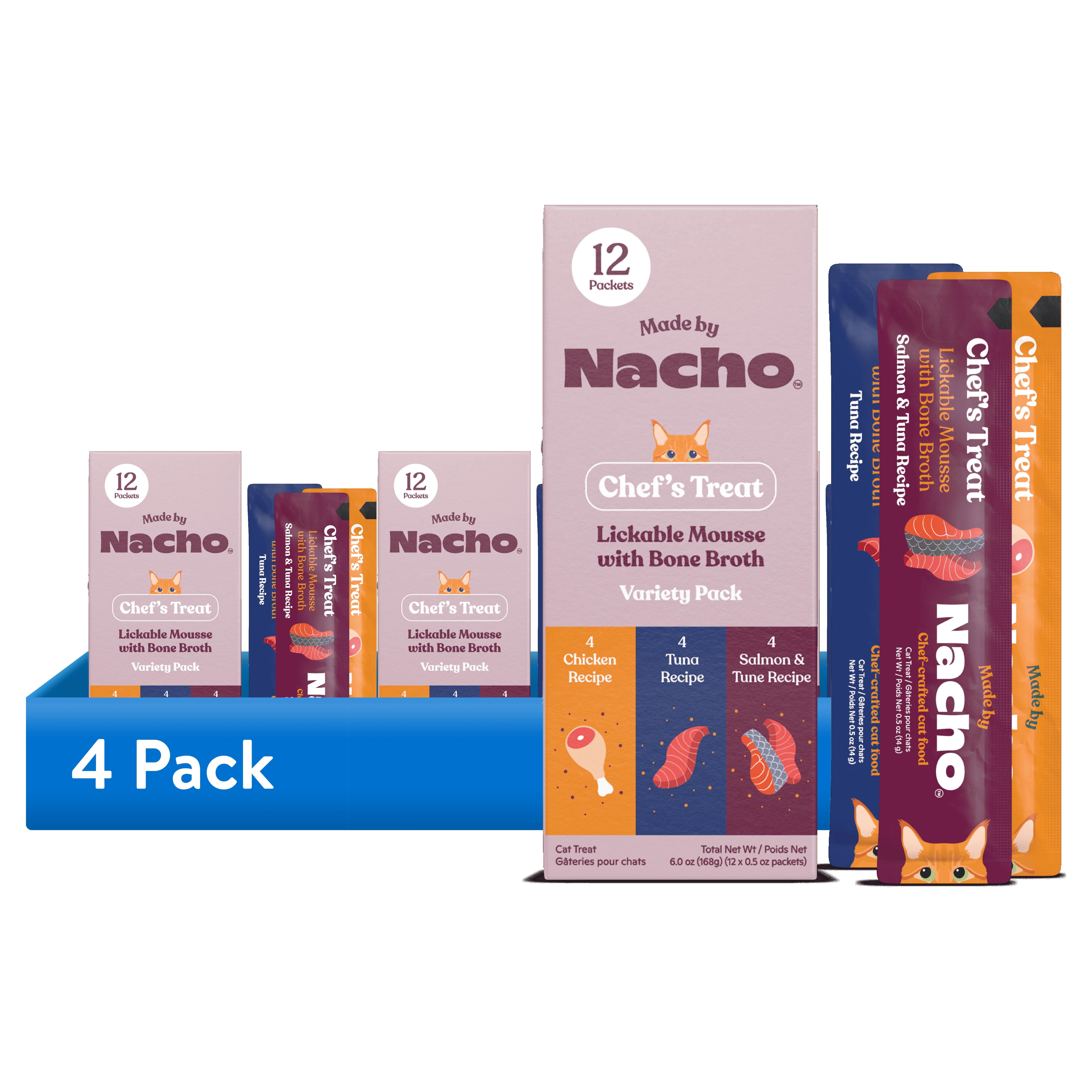 (4 pack) Made by Nacho Lickable Cat Treats, Mousse Tubes with Bone Broth Variety Pack, Chicken, Tuna, Salmon and Tuna, No Grains, Corn, Wheat or Soy, 12 Count, 0.5oz Each