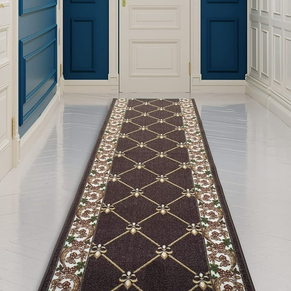 Made Runner Rug Low Pile with Rubber Backing for Kitchen Foyer Hallway Entry Choose Your Length Size 26 Inch Wide Fleur De Lis French Design Brown Color (2 feet x 26 inch)