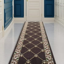 Made Runner Rug Low Pile with Rubber Backing for Kitchen Foyer Hallway Entry Choose Your Length Size 26 Inch Wide Fleur De Lis French Design Brown Color (6 feet x 26 inch)