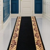 Made Runner Rug Low Pile with Rubber Backing for Kitchen Foyer Hallway Entry Choose Your Length Size 26 Inch Wide Flower Bordered Design Black Color (4 feet x 26 inch)