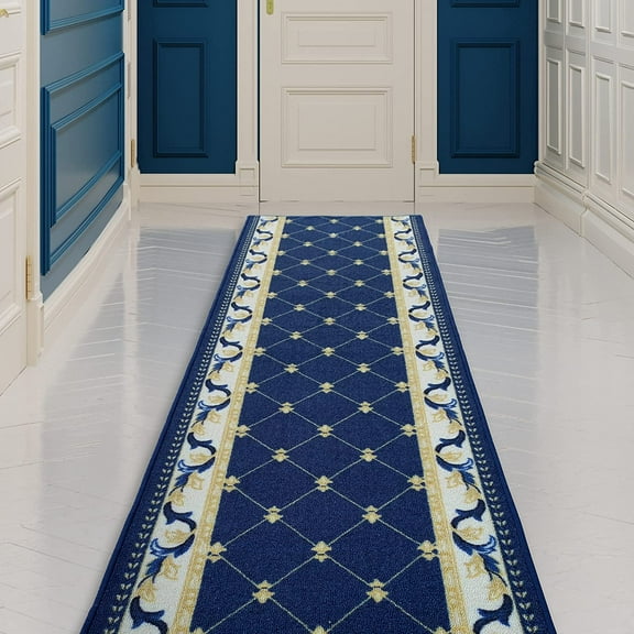 Made Runner Rug Low Pile With Rubber Backing For Kitchen Foyer Hallway Entry Choose Your Length Size 26 Inch Wide French Scroll Fleur De Lis Design Blue White Color (3 feet x 26 inch)