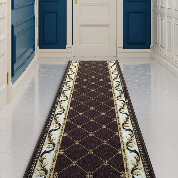 Made Runner Rug Low Pile With Rubber Backing For Kitchen Foyer Hallway Entry Choose Your Length Size 26 Inch Wide French Scroll Fleur De Lis Design Brown White Color (3 feet x 26 inch)
