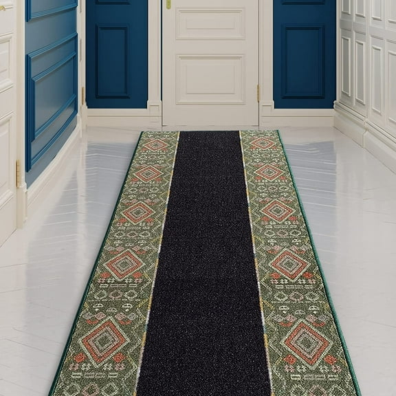 Made Runner Rug Low Pile with Rubber Backing for Kitchen Foyer Hallway Entry Choose Your Length Size 26 Inch Wide Southwest Bohemian Design Black Green Color (3 feet x 26 inch)