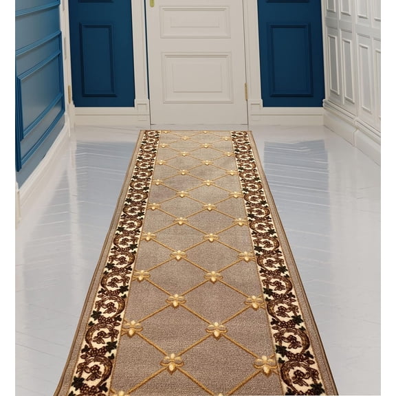 Made Runner Rug Low Pile with Rubber Backing for Kitchen Foyer Hallway Entry Choose Your Length Size 31 Inch Wide Fleur De Lis French Design Beige Color (5 feet x 31 Inch)