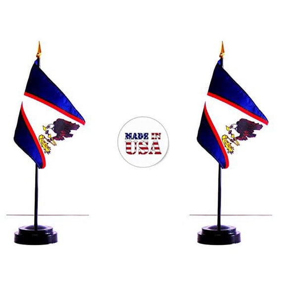 American Samoa Desk Flag Set; Two 4x6 inch American Made Table Flags with Two Bases
