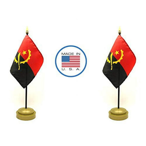 2 Angola Miniature Desk & Hand Waving Flags Set - Includes 2 Rayon 4"x6" Flags, 2 Bronze Stands, and 2 Mini Angolan Stick Flags