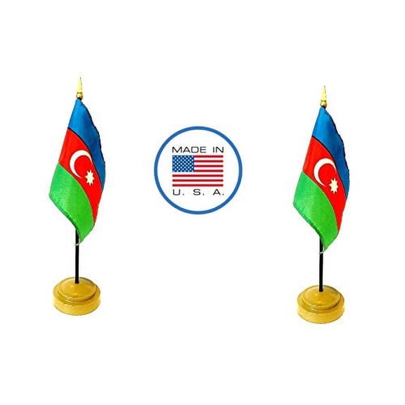 2 Azerbaijan Miniature Desk & Hand Waving Flags Set - Includes 2 Rayon 4"x6" Flags, 2 Bronze Stands, and 2 Mini Azerbaijan Stick Flags