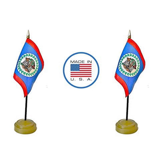 2 Belize Miniature Desk & Hand Waving Flags Set - Includes 2 Rayon 4"x6" Flags, 2 Bronze Stands, and 2 Mini Belize Stick Flags
