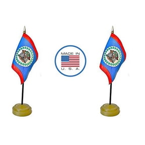 2 Belize Miniature Desk & Hand Waving Flags Set - Includes 2 Rayon 4"x6" Flags, 2 Bronze Stands, and 2 Mini Belize Stick Flags