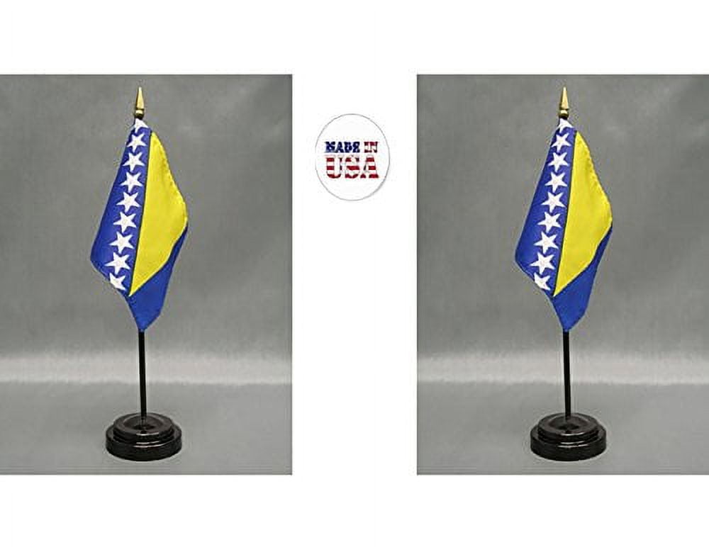 MWS Bosnia & Herzegovina Desk Flag - 4x6 Inch Polyester Flag On 10.5 Inch Black Plastic Stick With Golden Spear Top