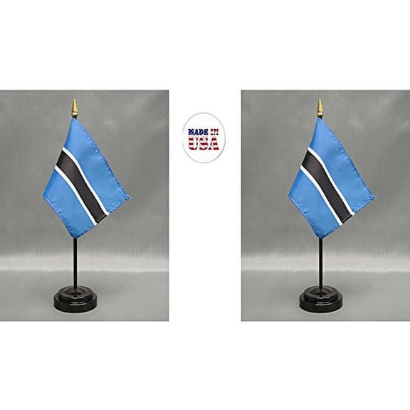 Botswana Desk Flag Set; Two 4x6 inch American Made Table Flags with Two Bases