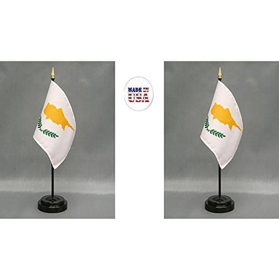 Cyprus Desk Flag Set; Two 4x6 inch American Made Table Flags with Two Bases