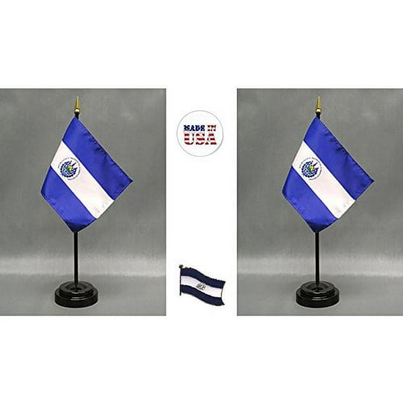 El Salvador Desk Flag Set; Two 4x6 inch American Made Table Flags with Two Bases
