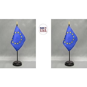 Made in The USA. 2 European Union Rayon 4"x6" Miniature Office Desk & Little Hand Waving Table Flags Includes 2 Flag Stands & 2 Small Mini European Union Stick Flags