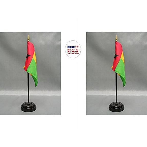Guinea Bissau Desk Flag Set; Two 4x6 inch American Made Table Flags with Two Bases