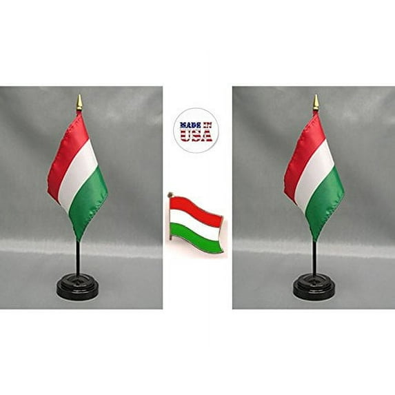 Hungary Desk Flag Set; Two 4x6 inch American Made Table Flags with Two Bases