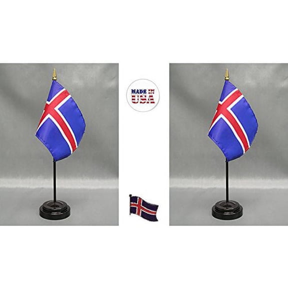 Iceland Desk Flag Set; Two 4x6 inch American Made Table Flags with Two Bases