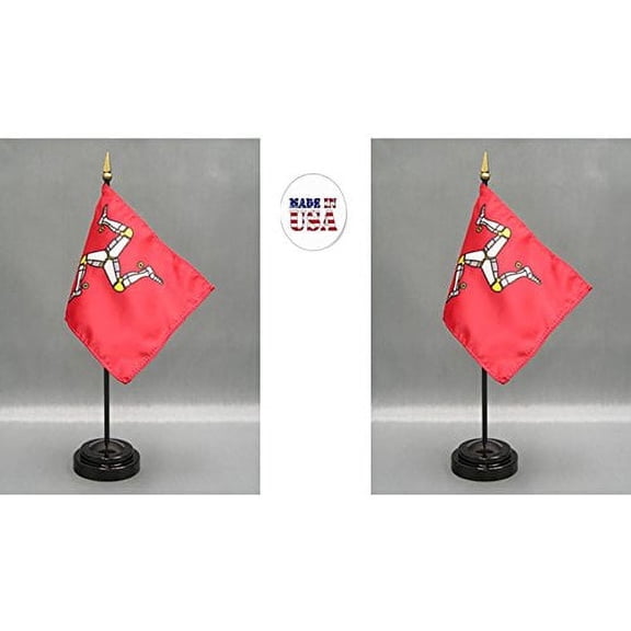 Isle of Man Desk Flag Set; Two 4x6 inch American Made Table Flags with Two Bases
