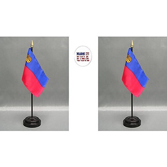 Made in The USA. 2 Liechtenstein Rayon 4"x6" Miniature Office Desk & Little Hand Waving Table Flags Includes 2 Flag Stands & 2 Small Mini Liechtensteiner Stick Flags