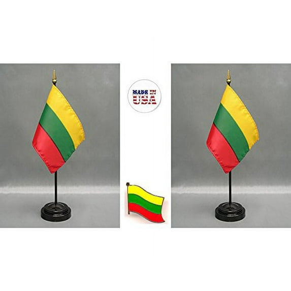 Lithuania Desk Flag Set; Two 4x6 inch American Made Table Flags with Two Bases