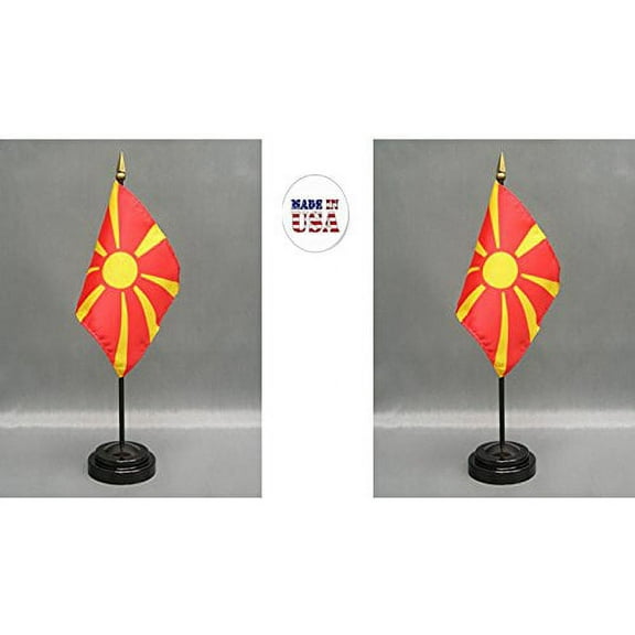 Made in The USA. 2 Macedonia Rayon 4"x6" Miniature Office Desk & Little Hand Waving Table Flags Includes 2 Flag Stands & 2 Small Mini Macedonian Stick Flags