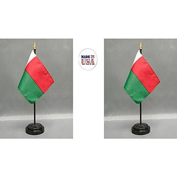 Madagascar Desk Flag Set; Two 4x6 inch American Made Table Flags with Two Bases
