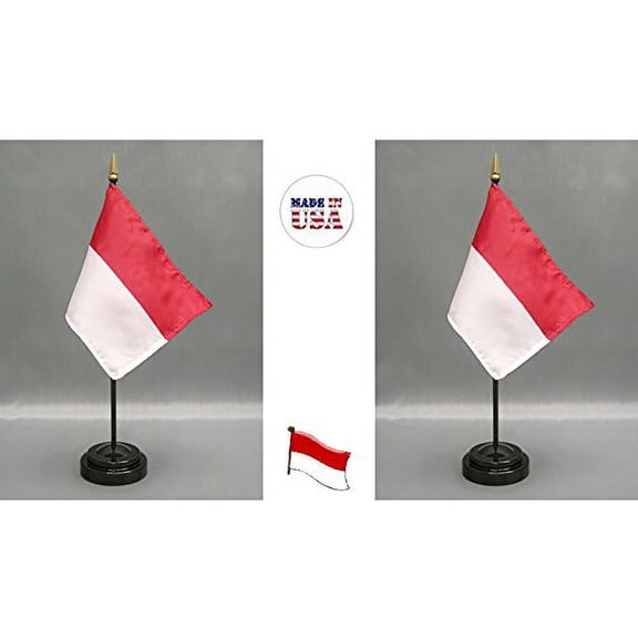 Made in The USA. 2 Monaco Rayon 4"x6" Miniature Office Desk & Little Hand Waving Table Flags Includes 2 Flag Stands & 2 Small Mini Monegasque Stick Flags
