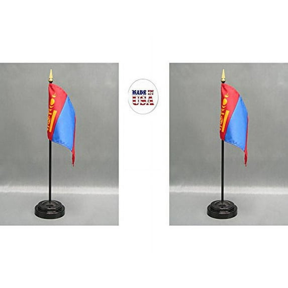 Made in The USA. 2 Mongolia Rayon 4"x6" Miniature Office Desk & Little Hand Waving Table Flags Includes 2 Flag Stands & 2 Small Mini Mongolian Stick Flags
