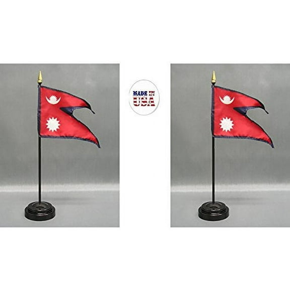 Made in The USA. 2 Nepal Rayon 4"x6" Miniature Office Desk & Little Hand Waving Table Flags Includes 2 Flag Stands & 2 Small Mini Nepalese Stick Flags