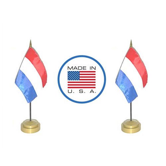 2 Netherlands Miniature Desk & Hand Waving Flags Set - Includes 2 Rayon 4"x6" Flags, 2 Bronze Stands, and 2 Mini Dutch Stick Flags