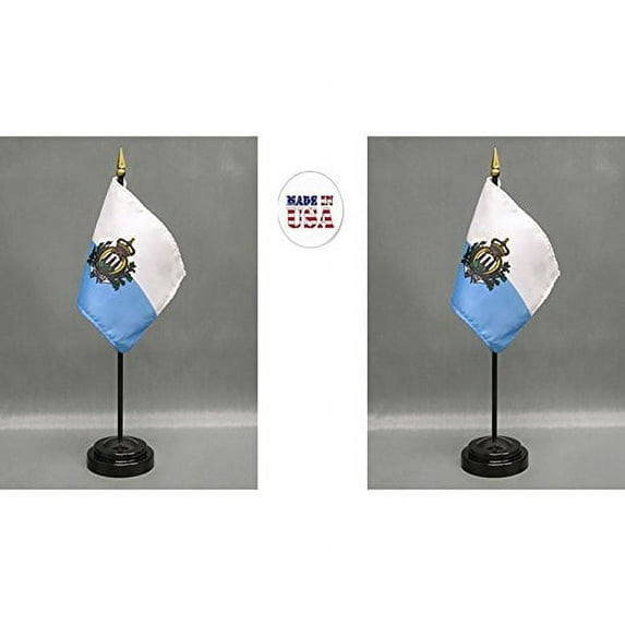 Made in The USA. 2 San Marino Rayon 4"x6" Miniature Office Desk & Little Hand Waving Table Flags Includes 2 Flag Stands & 2 Small Mini San Marinese Stick Flags