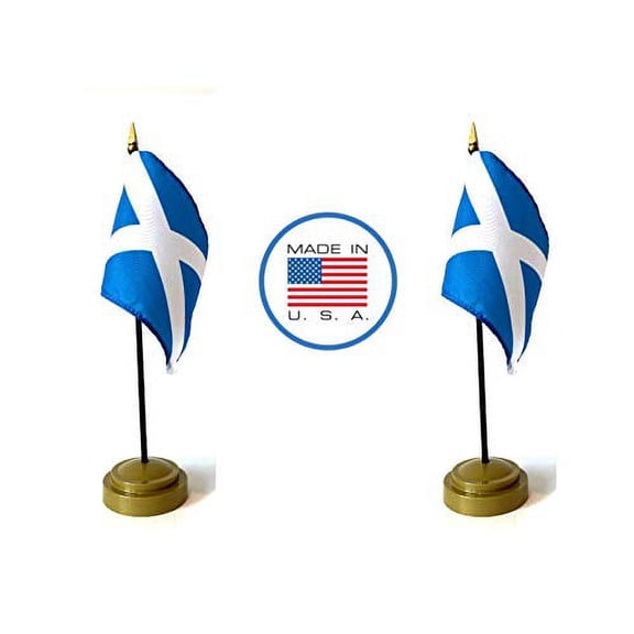 2 Scotland Cross Miniature Desk & Hand Waving Flags Set - Includes 2 Rayon 4"x6" Flags, 2 Bronze Stands, and 2 Mini Scottish Stick Flags