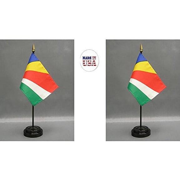 Made in The USA. 2 Seychelles Rayon 4"x6" Miniature Office Desk & Little Hand Waving Table Flags Includes 2 Flag Stands & 2 Small Mini Seychellois Stick Flags