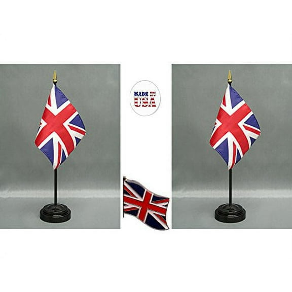 Made in The USA. 2 United Kingdom (British) 4"x6" Miniature Office Desk & Little Hand Waving Table Fls Includes 2 Flag Stands & 2 UK Small Mini Stick Flags, Plus 1 Great Britain Flag Lapel Pin.