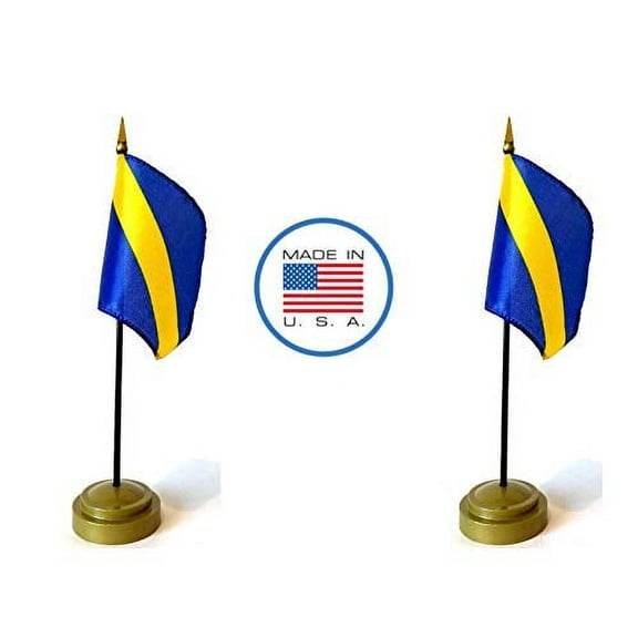 Made in The USA Flag Set. 2 Blue and Yellow Rayon 4"x5" Miniature Office Desk & Little Hand Waving Table Flags Includes 2 Bronze Flag Stands & 2 Small Mini Move to The Outside Racing Stick Flags