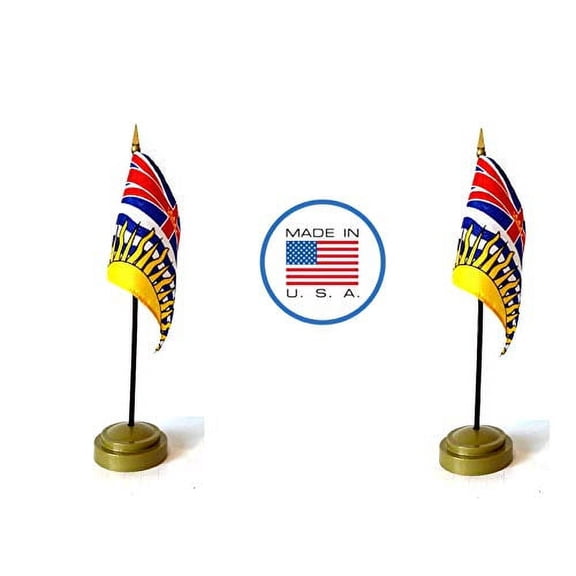 Made in The USA Flag Set. 2 British Colombia Rayon 4"x6" Miniature Office Desk & Little Hand Waving Table Flags Includes 2 Bronze Flag Stands & 2 Small Mini British Colombia Stick Flags