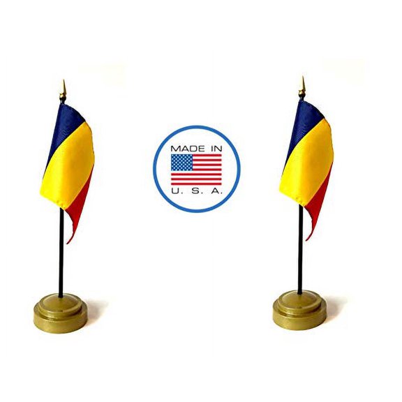 2 Chad Miniature Desk & Hand Waving Flags Set - Includes 2 Rayon 4"x6" Flags, 2 Bronze Stands, and 2 Mini Chad Stick Flags