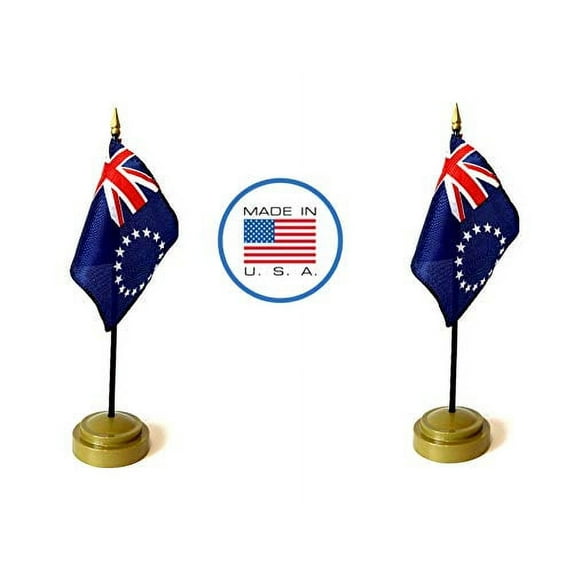 2 Cook Islands Miniature Desk & Hand Waving Flags Set - Includes 2 Rayon 4"x6" Flags, 2 Bronze Stands, and 2 Mini Cook Islands Stick Flags