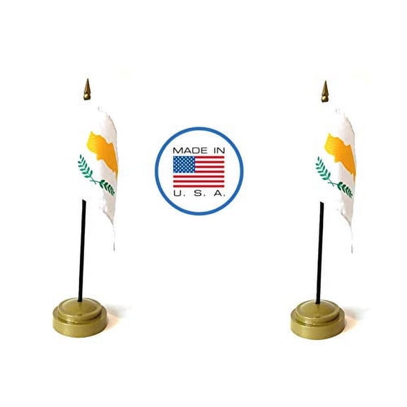 2 Cyprus Miniature Desk & Hand Waving Flags Set - Includes 2 Rayon 4"x6" Flags, 2 Bronze Stands, and 2 Mini Cyprus Stick Flags