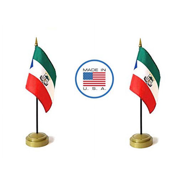 2 Equatorial Guinea Miniature Desk & Hand Waving Flags Set - Includes 2 Rayon 4"x6" Flags, 2 Bronze Stands, and 2 Mini Equatorial Guinea Stick Flags