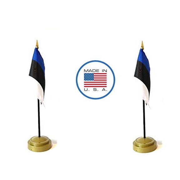 2 Estonia Miniature Desk & Hand Waving Flags Set - Includes 2 Rayon 4"x6" Flags, 2 Bronze Stands, and 2 Mini Estonian Stick Flags