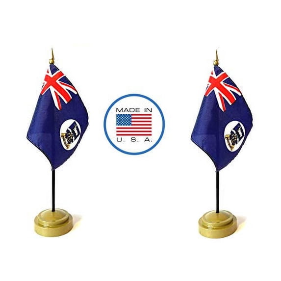 2 Falkland Islands Miniature Desk & Hand Waving Flags Set - Includes 2 Rayon 4"x6" Flags, 2 Bronze Stands, and 2 Mini Falkland Islands Stick Flags